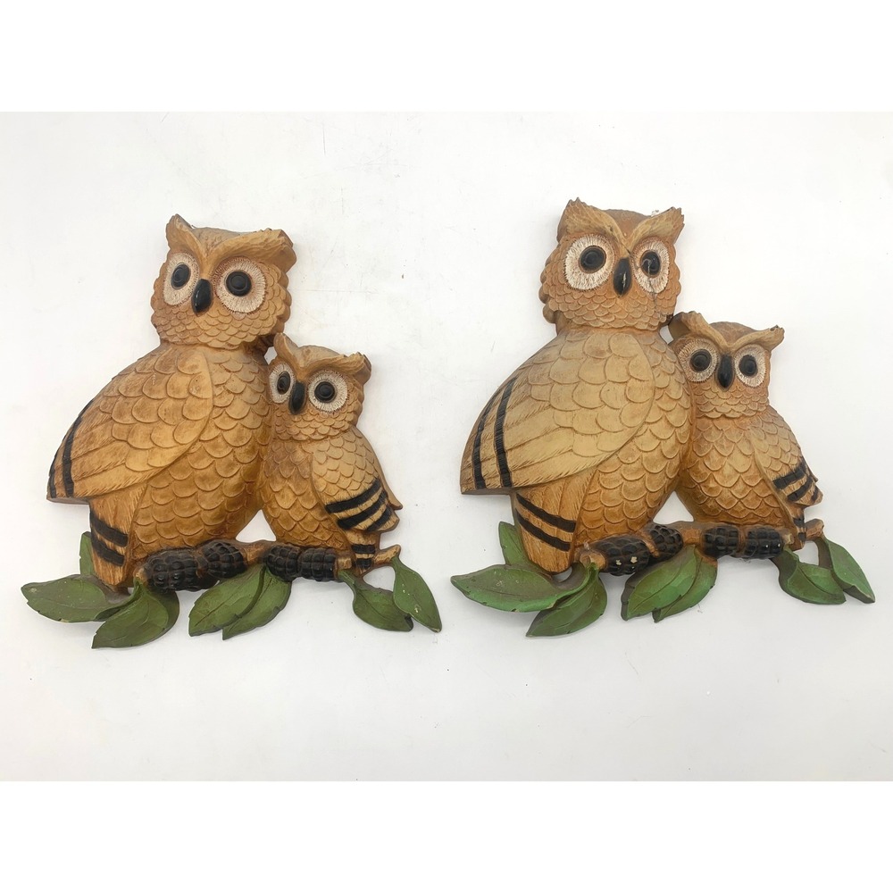 Vintage 1976 Homco Owl Wall Plaques Set of 2 Faux Wood Resin Decor 7403
